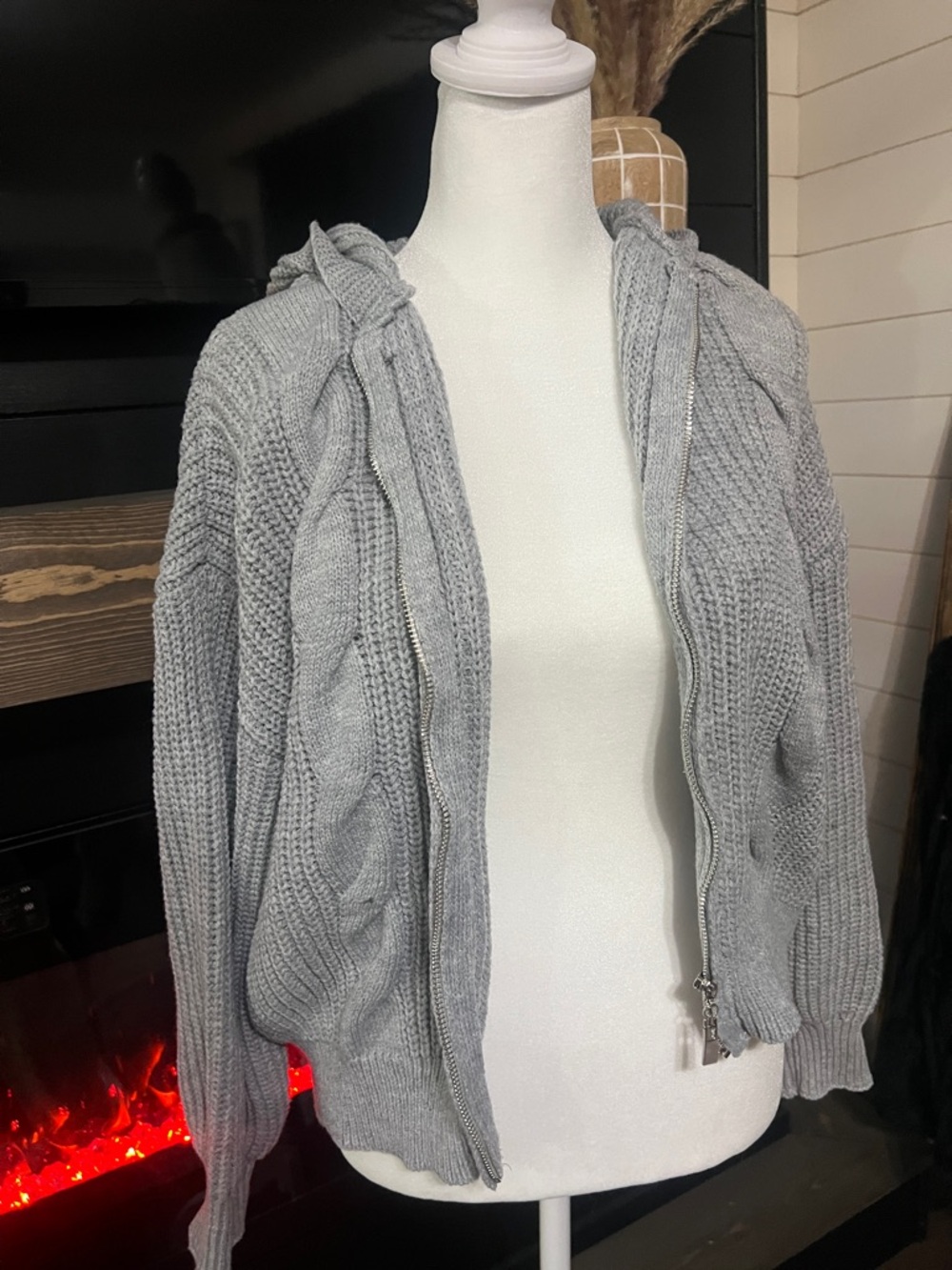 SHEIN Light Gray Cable Knit Zip Hoodie Cardigan